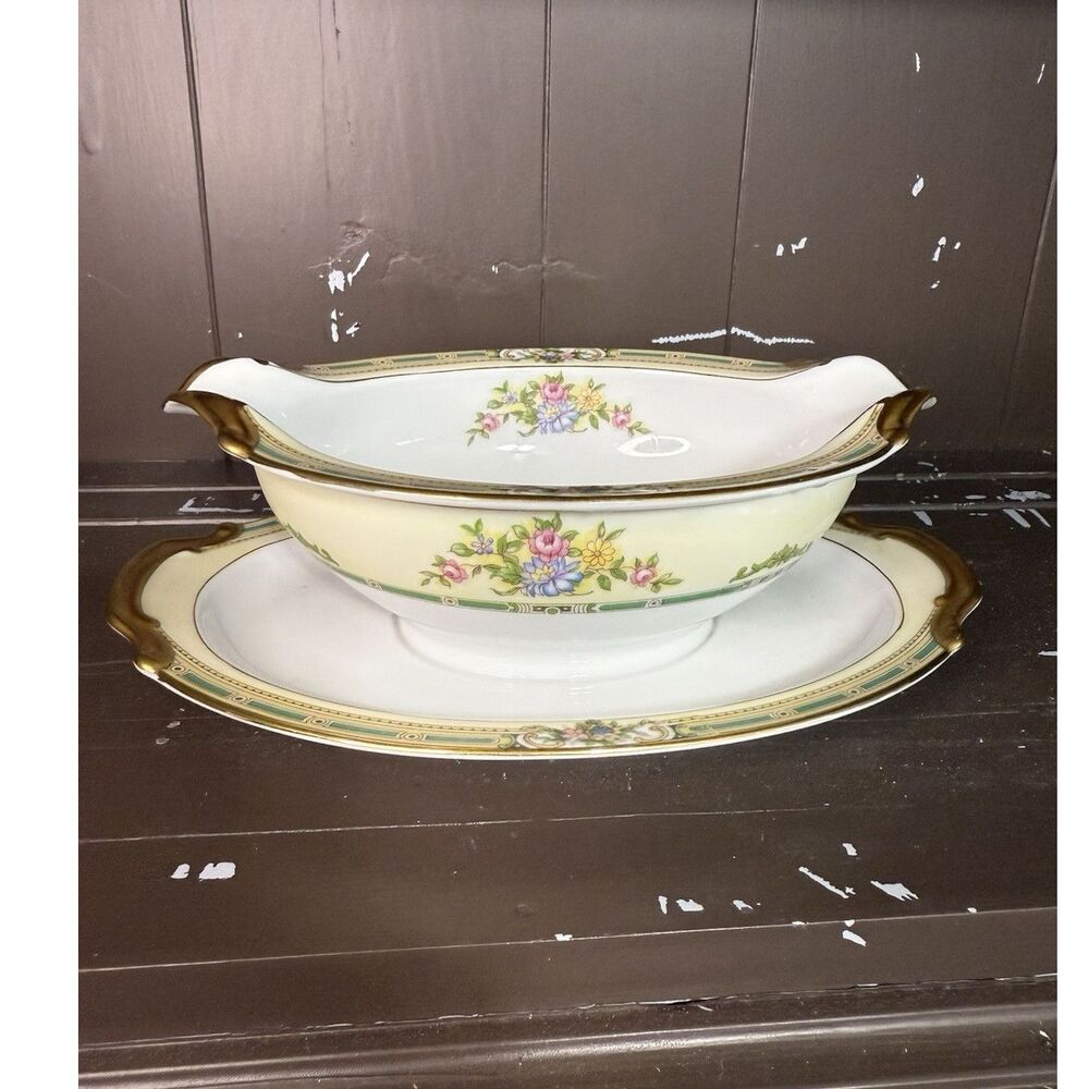 Noritake Alicia Porcelain Gravy Boat Set Floral Gold Trim Japan